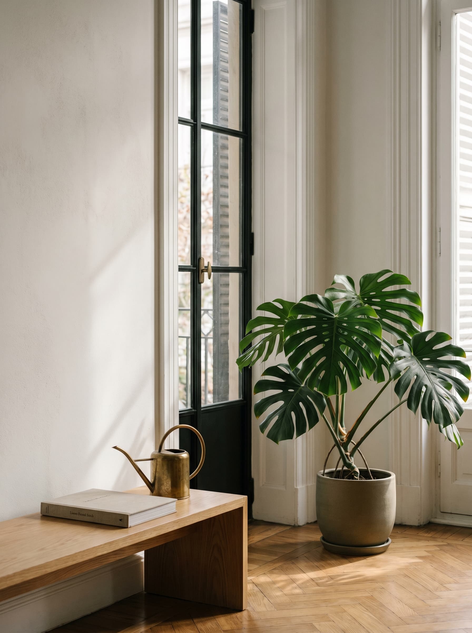 Monstera deliciosa junto a un ventanal en un departamento porteño, con luz de mañana sobre un piso de roble